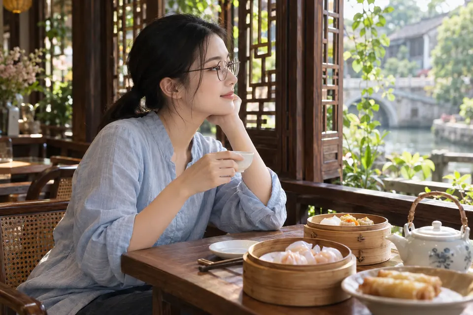 岭南早茶场景中的白瓷茶具与茶点