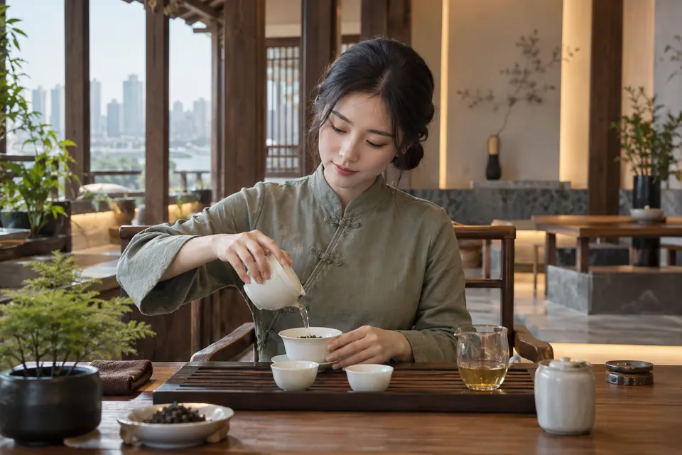 新中式盖碗冲泡过程中注水与出汤的近景