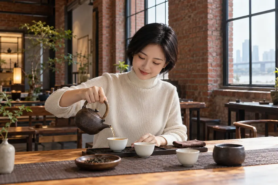 红砖空间中的茶席，陶壶正在倒茶
