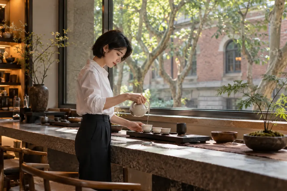 都市街区茶室中的白瓷茶具与倒茶动作