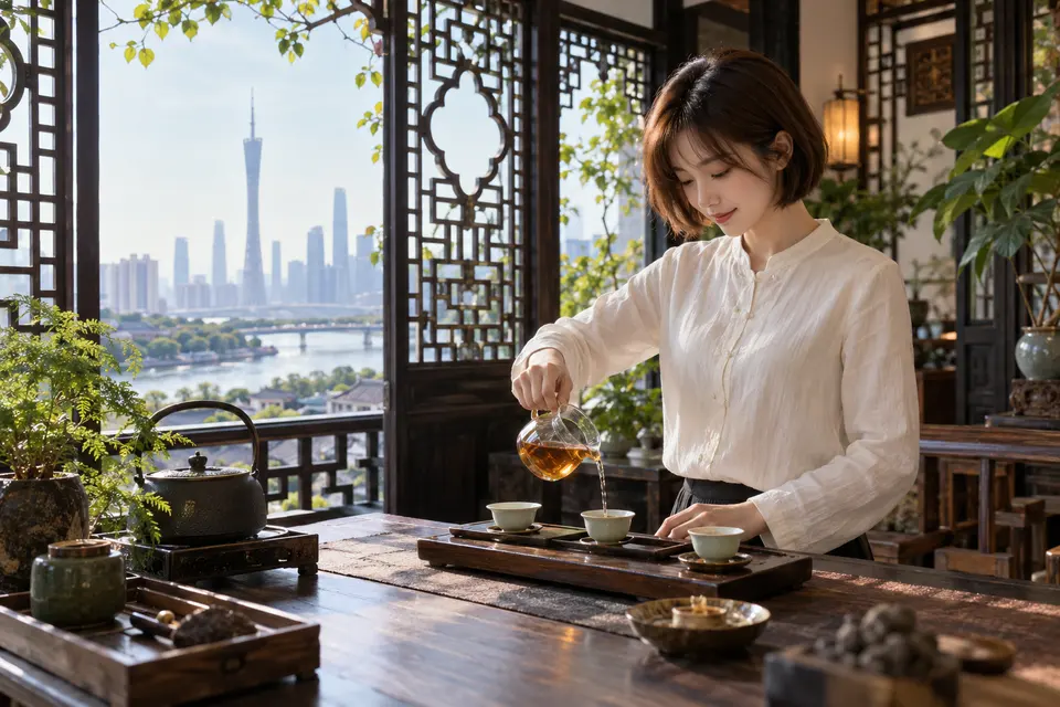 岭南花窗旁的冲泡空间，公道杯与茶席陈设，示意广州品茶工作室的典型氛围